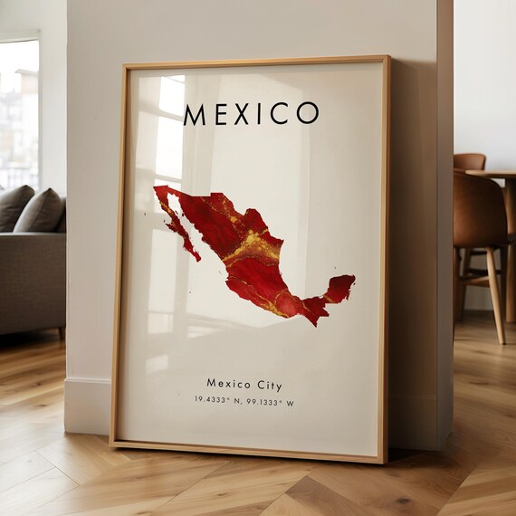 Mexico Map Printed Poster Red And Gold North America Wall Art Print Home Decor Geography Gift Wallpaper