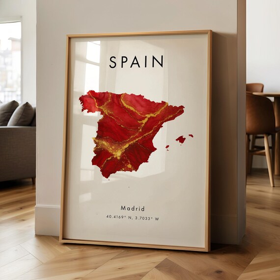 Spain Map Printed Poster Red And Gold Europe Wall Art Print Home Decor Geography Gift Wallpaper