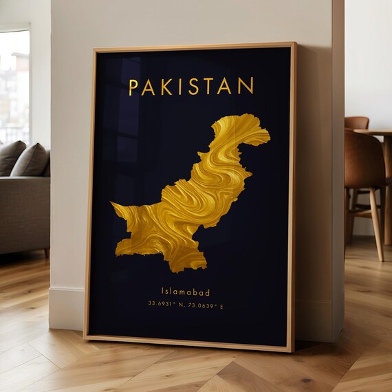 Pakistan Map Printed Poster Gold Asia Wall Art Print Home Decor Geography Gift Wallpaper