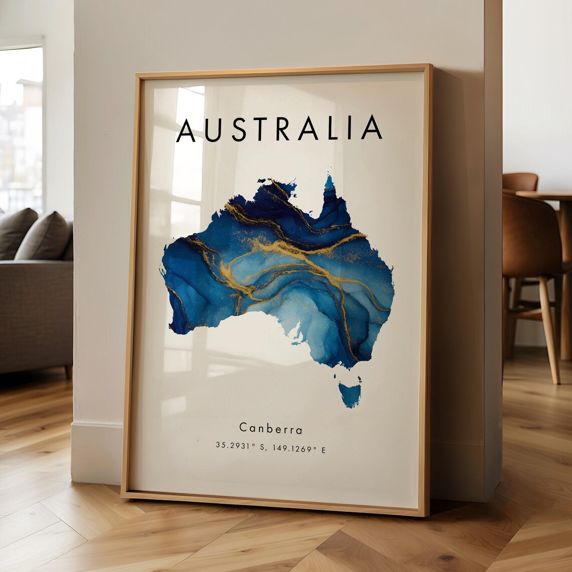 Australia Map Poster, Blue and Gold Oceania