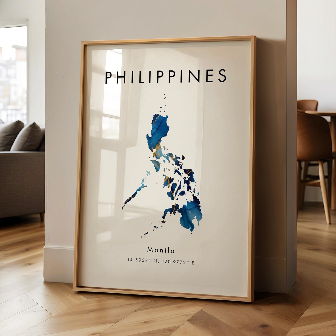 Philippines Map Printed Poster Blue And Gold Asia Wall Art Print Home Decor Geography Gift Wallpaper