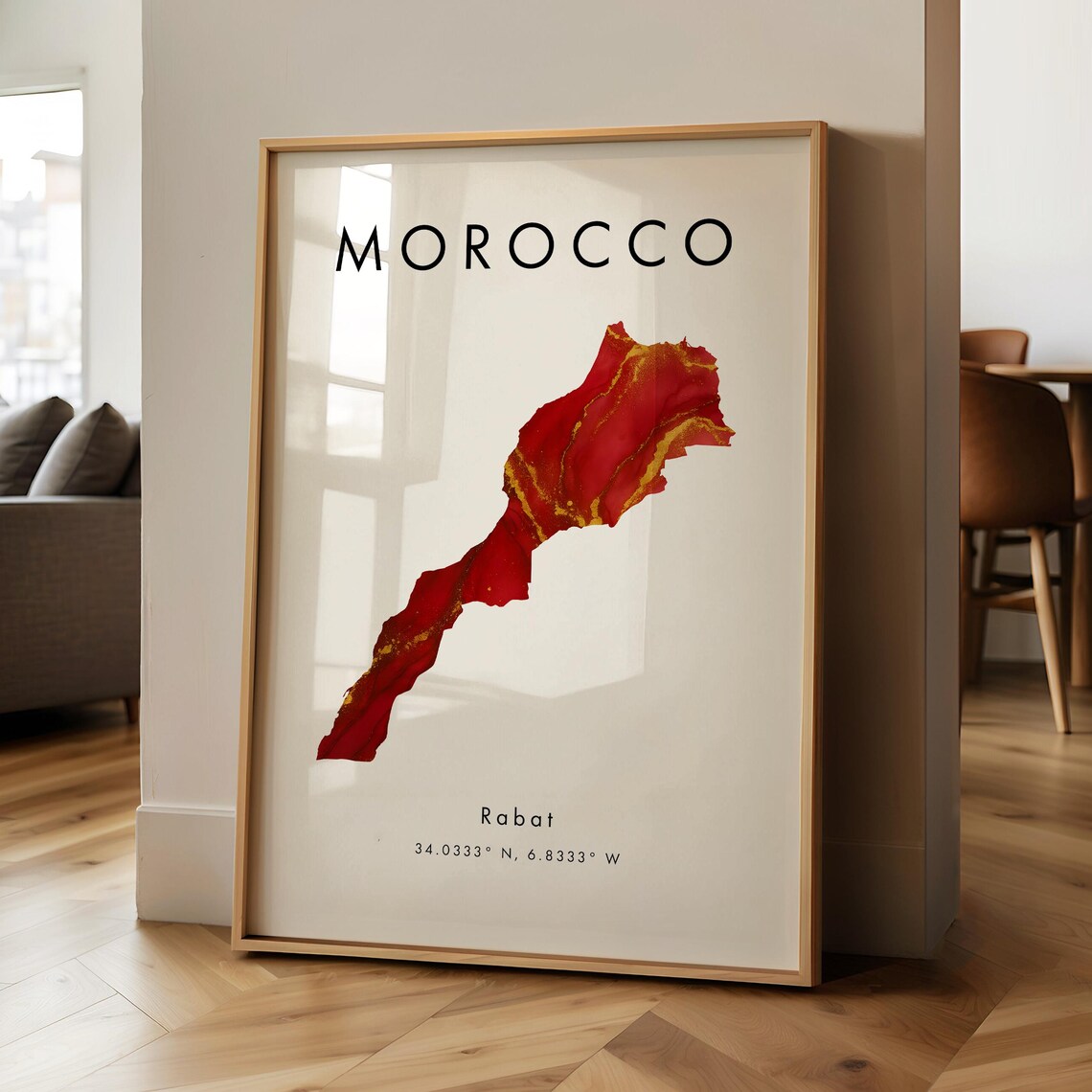 Morocco Map Printed Poster Red And Gold Africa Wall Art Print Home Decor Geography Gift Wallpaper