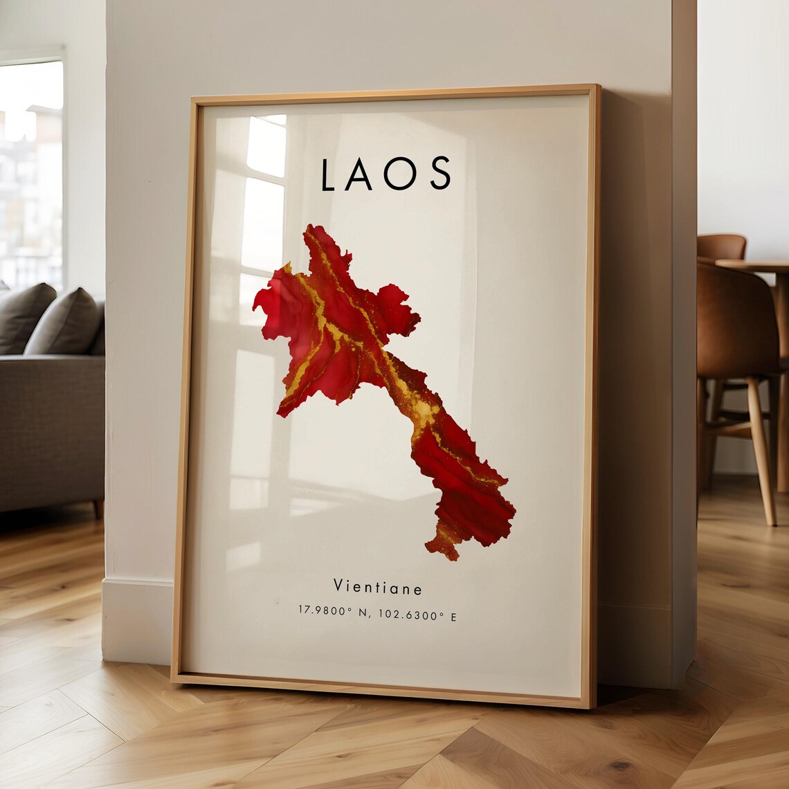 Laos Map Printed Poster Red And Gold Asia Geography Gift Wallpaper