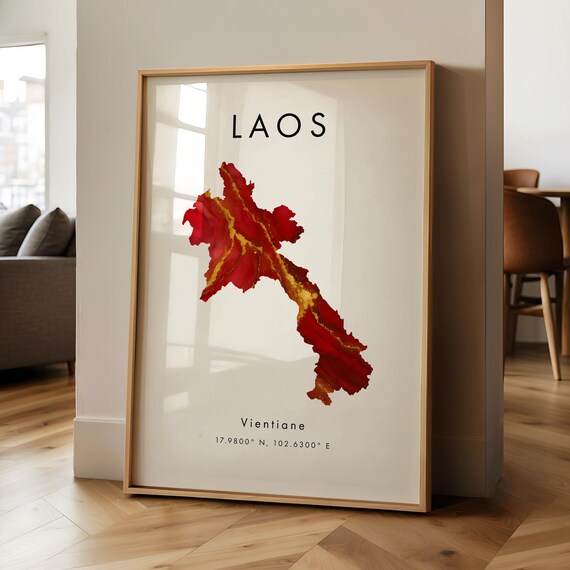 Laos Map Printed Poster Red And Gold Asia Geography Gift Wallpaper