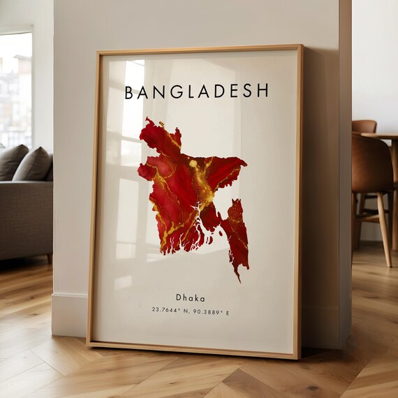 Bangladesh Map Printed Poster Red And Gold Asia Wall Art Print Home Decor Geography Gift Wallpaper