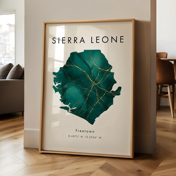 Sierra Leone Map Printed Poster Green And Gold Africa Geography Gift Wallpaper