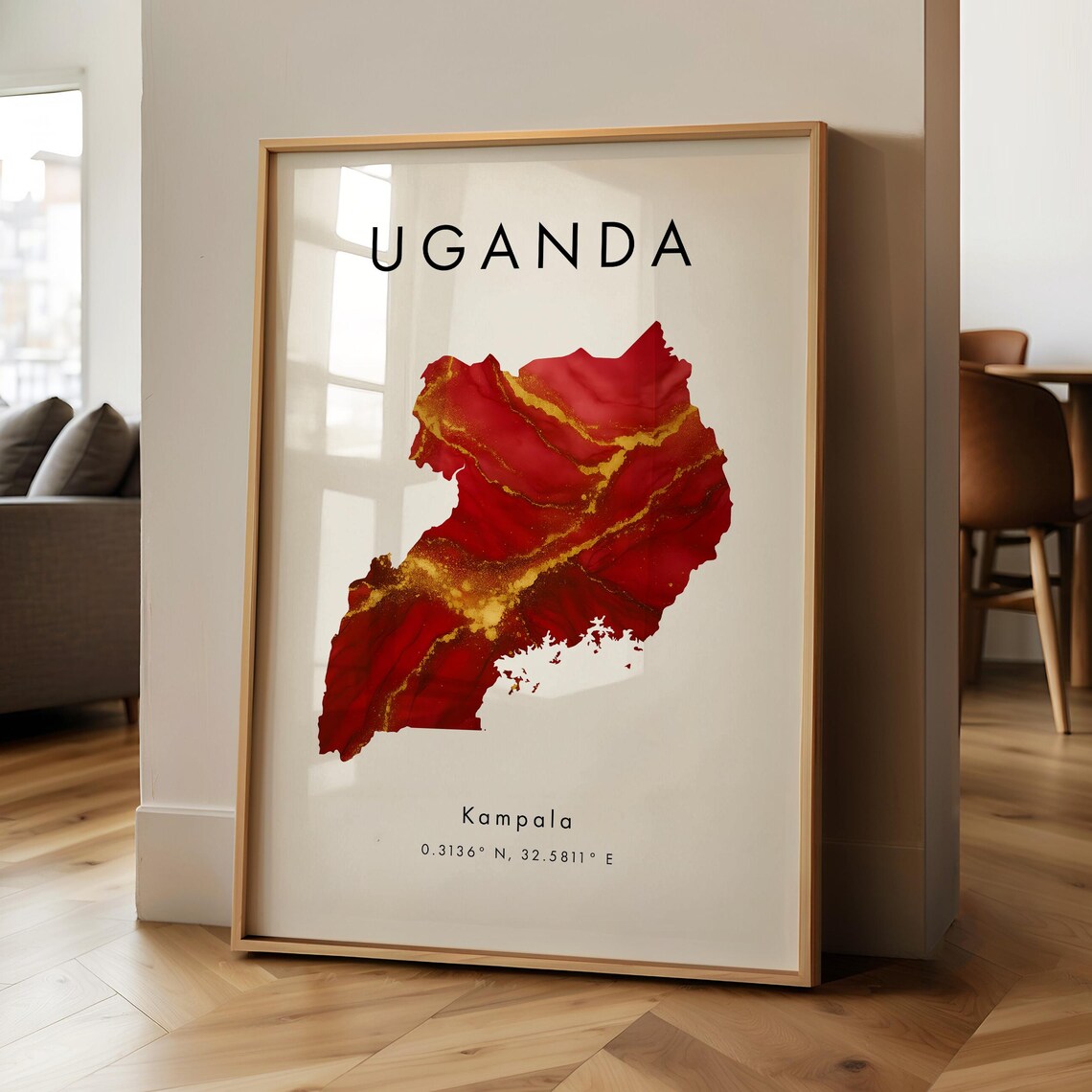 Uganda Map Art Print, Red and Gold Geography Poster