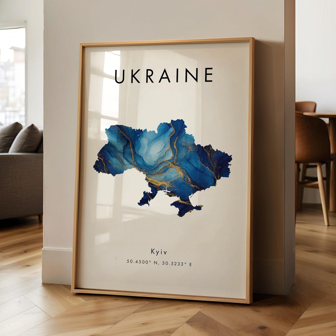 Ukraine Blue Gold Marble Map Kyiv Coordinates Elegant Travel Poster