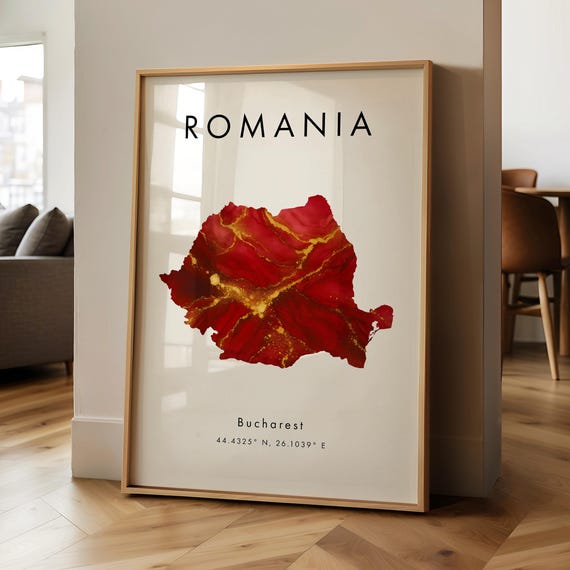 Romania Map Travel Poster, Red and Gold Europe