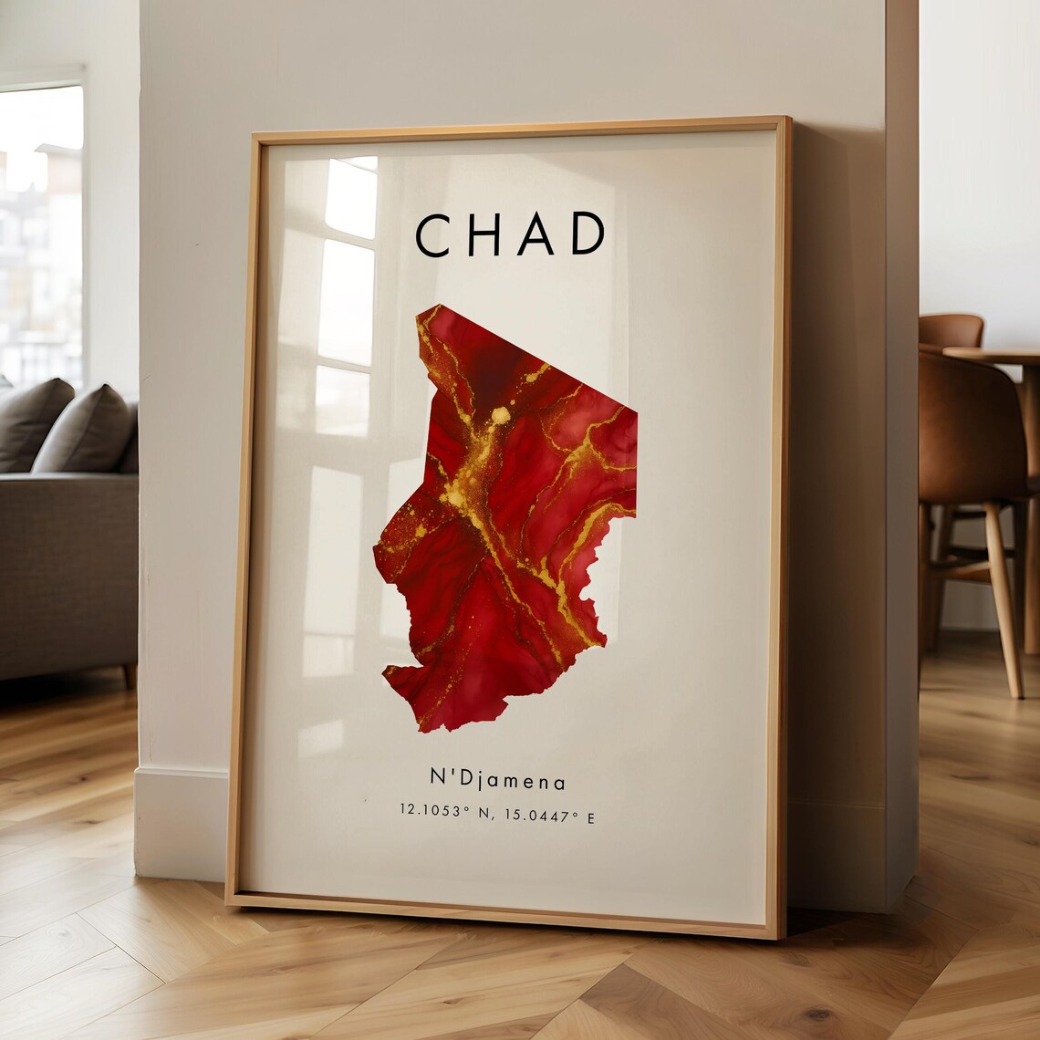Chad Map Printed Poster Red And Gold Africa Wall Art Print Home Decor Geography Gift Wallpaper