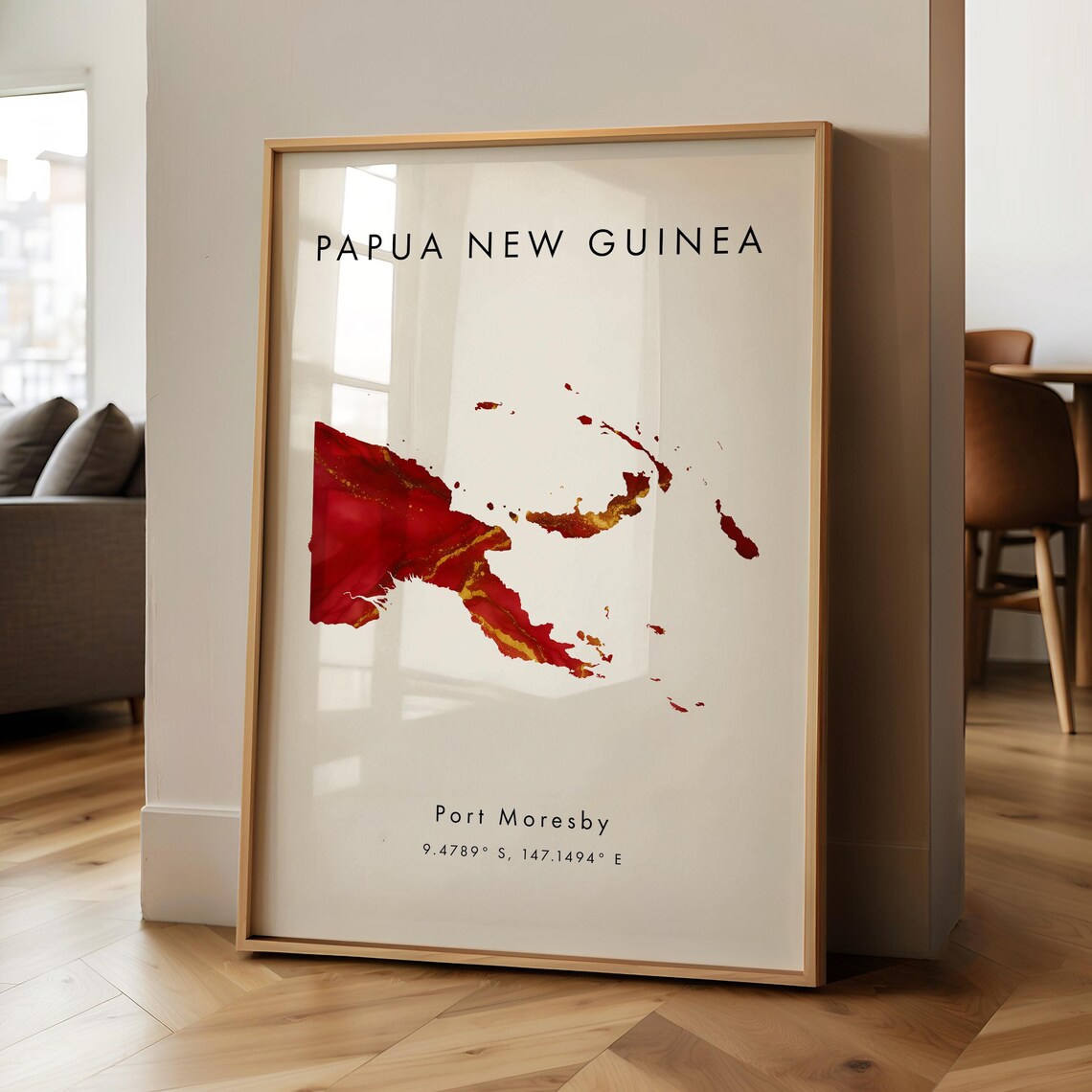Papua New Guinea Country Map In Red And Gold Marble Art Poster