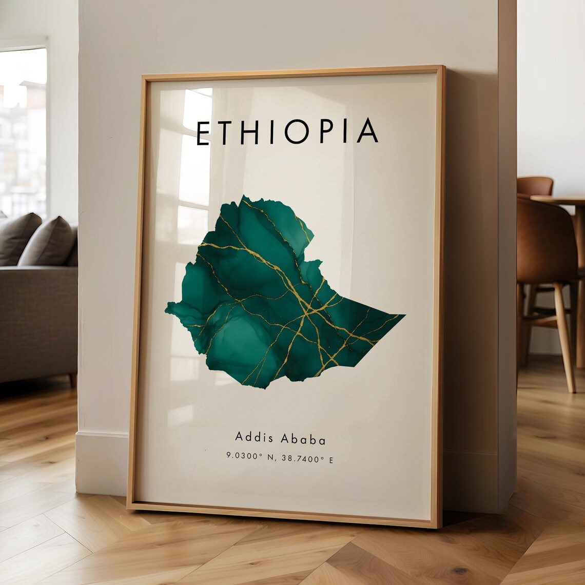 Ethiopia Map Printed Poster, Green And Gold