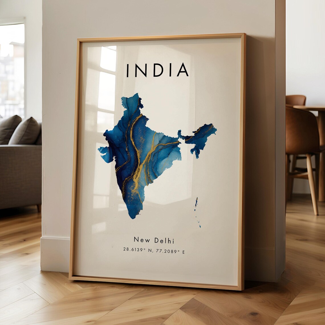 India Map Blue and Gold Asia Travel Poster