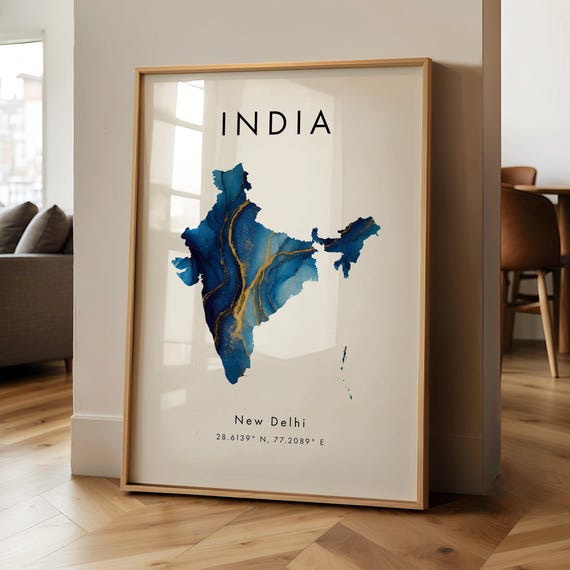 India Map Blue and Gold Asia Travel Poster