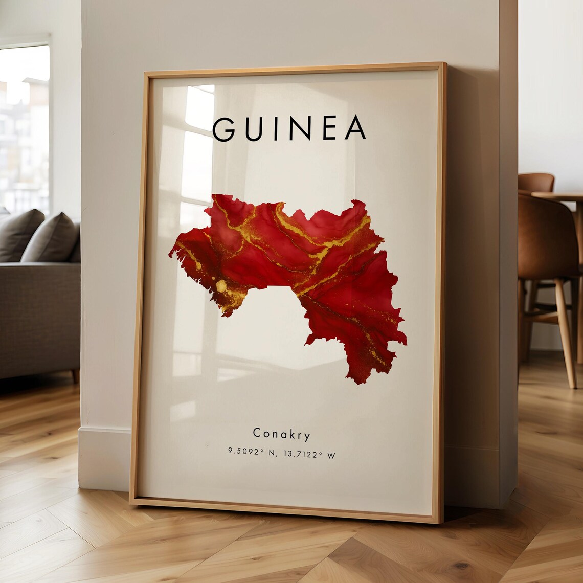 Guinea Map Red And Gold Africa Travel Poster