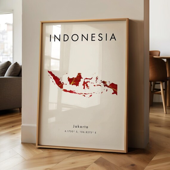 Indonesia Map Printed Poster Red And Gold Asia Wall Art Print Home Decor Geography Gift Wallpaper