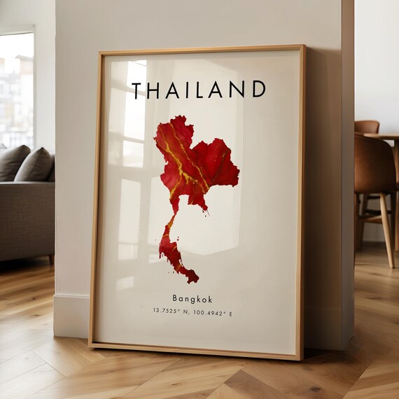 Thailand Map Printed Poster Red And Gold Asia Wall Art Print Home Decor Geography Gift Wallpaper