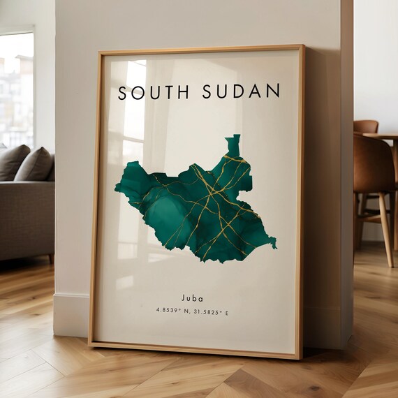 South Sudan Map Printed Poster Green And Gold Africa Wall Art Print Home Decor Geography Gift Wallpaper