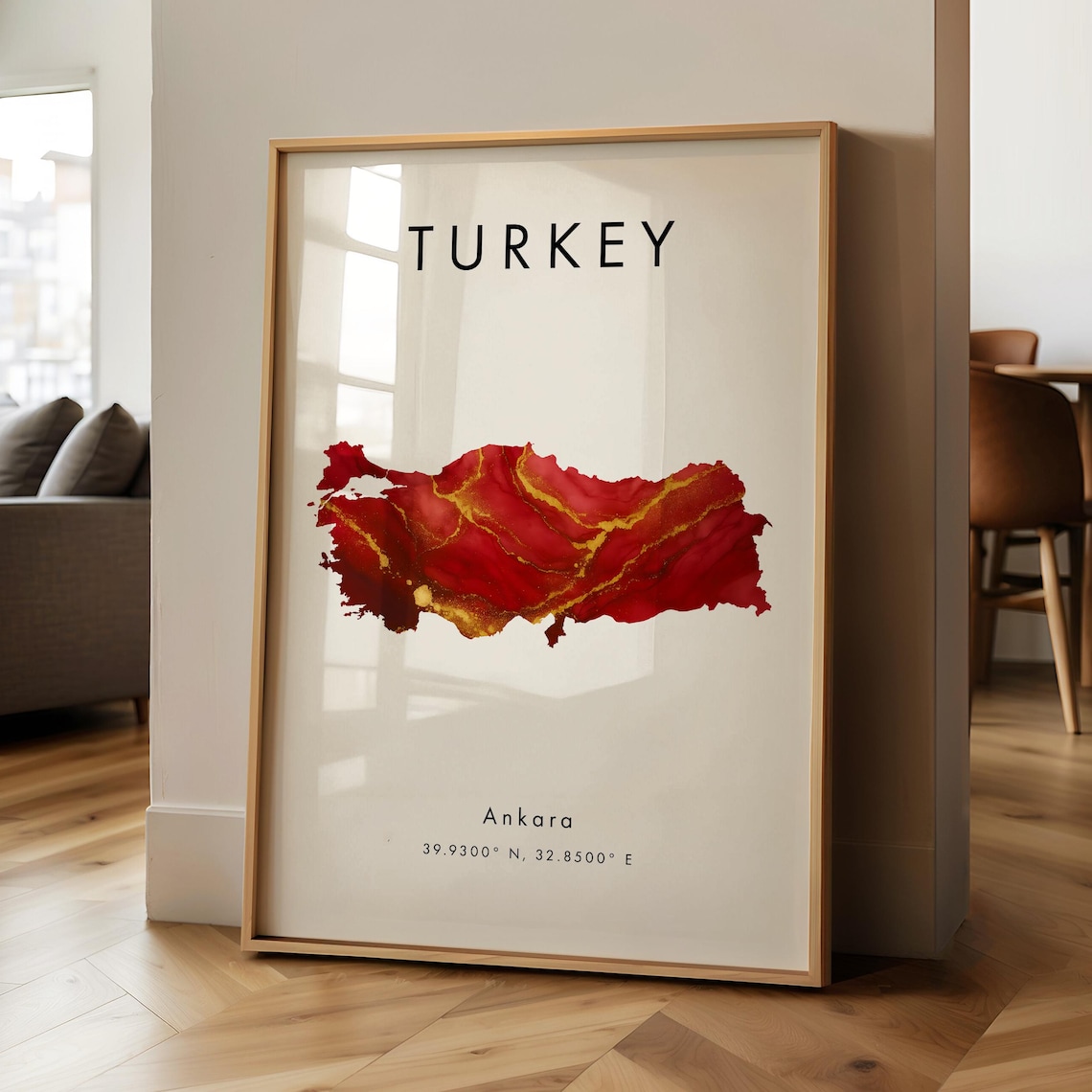 Turkey Country Map Red and Gold Marble Art Poster Ankara Coordinates
