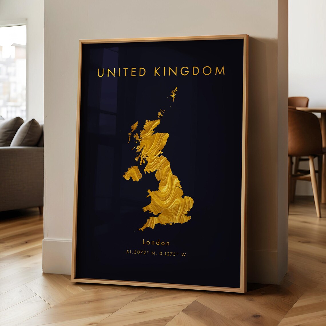 United Kingdom Gold Foil Map Black Background London Luxury Decor Poster