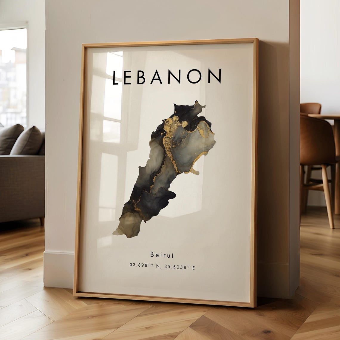 Lebanon Map Black Gold Marble Ink Minimalist Beirut Wall Decor Poster