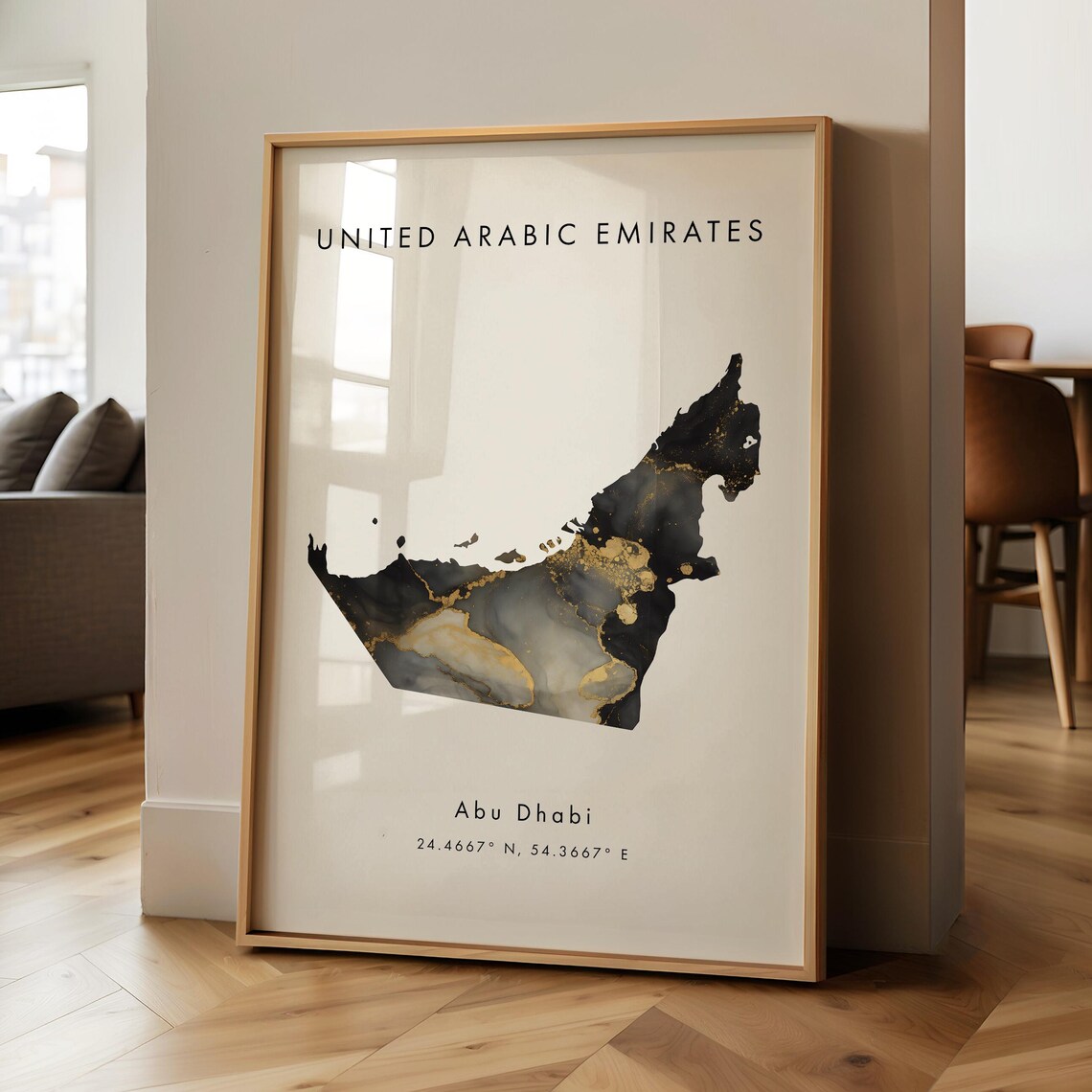 United Arab Emirates Black Gold Watercolor Map Art Abu Dhabi Poster