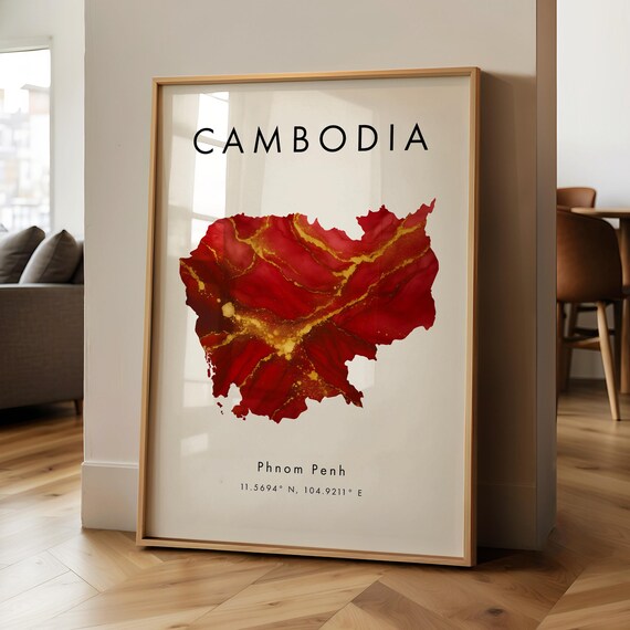 Cambodia Map Printed Poster Red And Gold Asia Wall Art Print Home Decor Geography Gift Wallpaper
