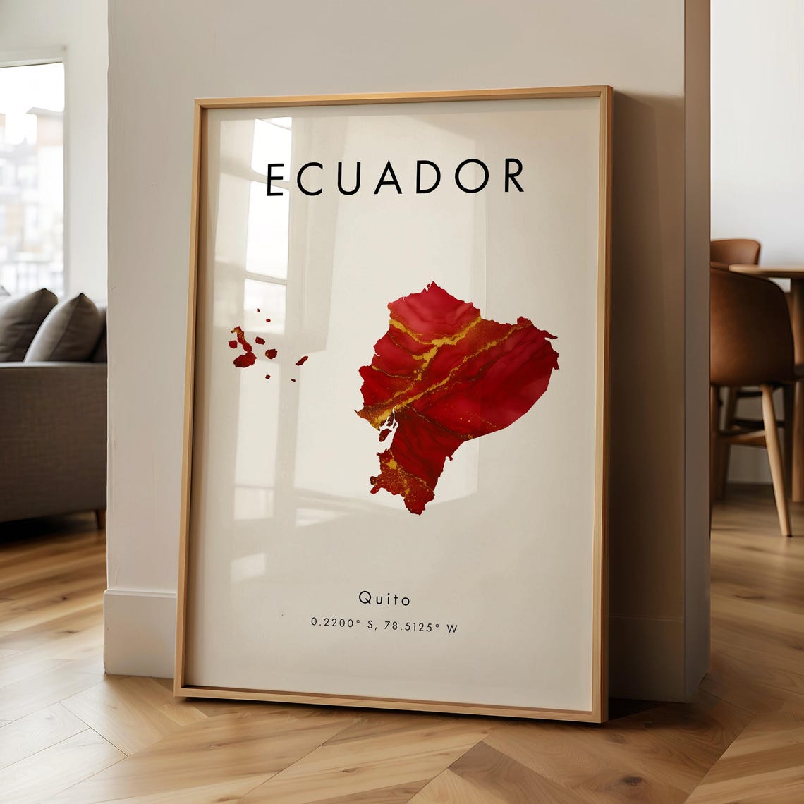 Ecuador Map Red and Gold Watercolour Quito Coordinates Poster