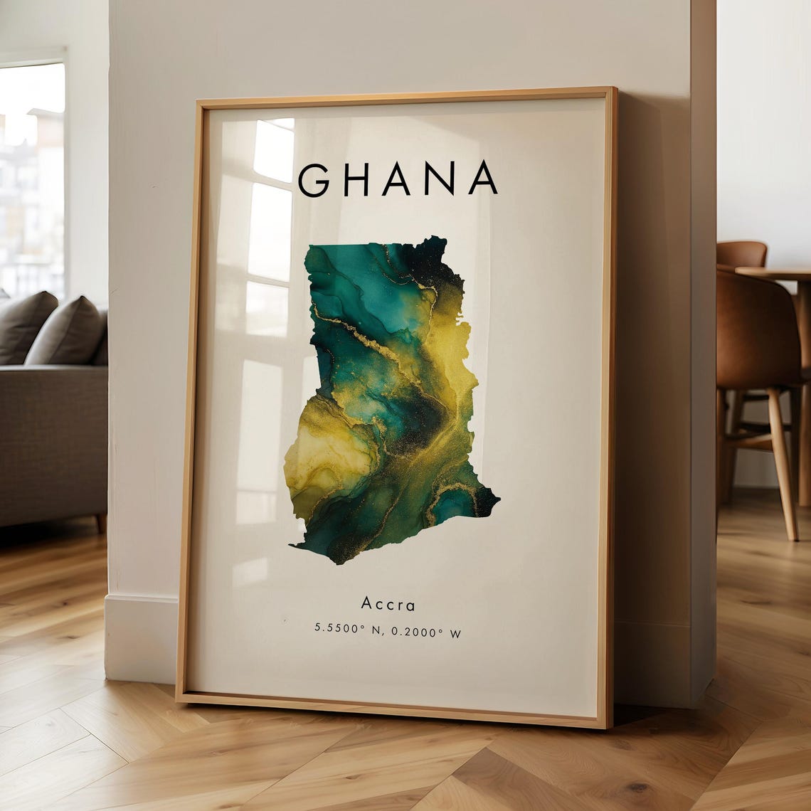 Ghana Green Gold Marble Map Accra Coordinates Modern Travel Poster