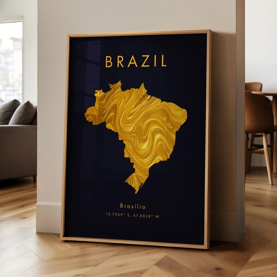 Brazil Map Printed Poster Gold South America Wall Art Print Home Decor Geography Gift Wallpaper