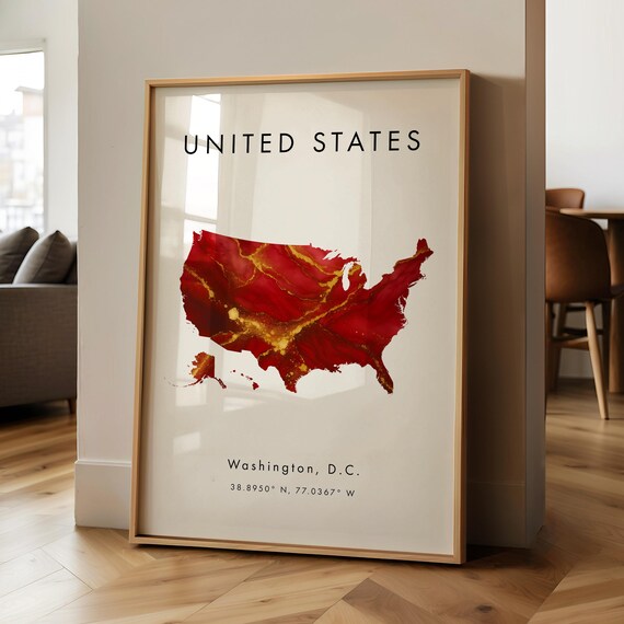 United States Map Printed Poster Red And Gold North America Wall Art Print Home Decor Geography Gift Wallpaper