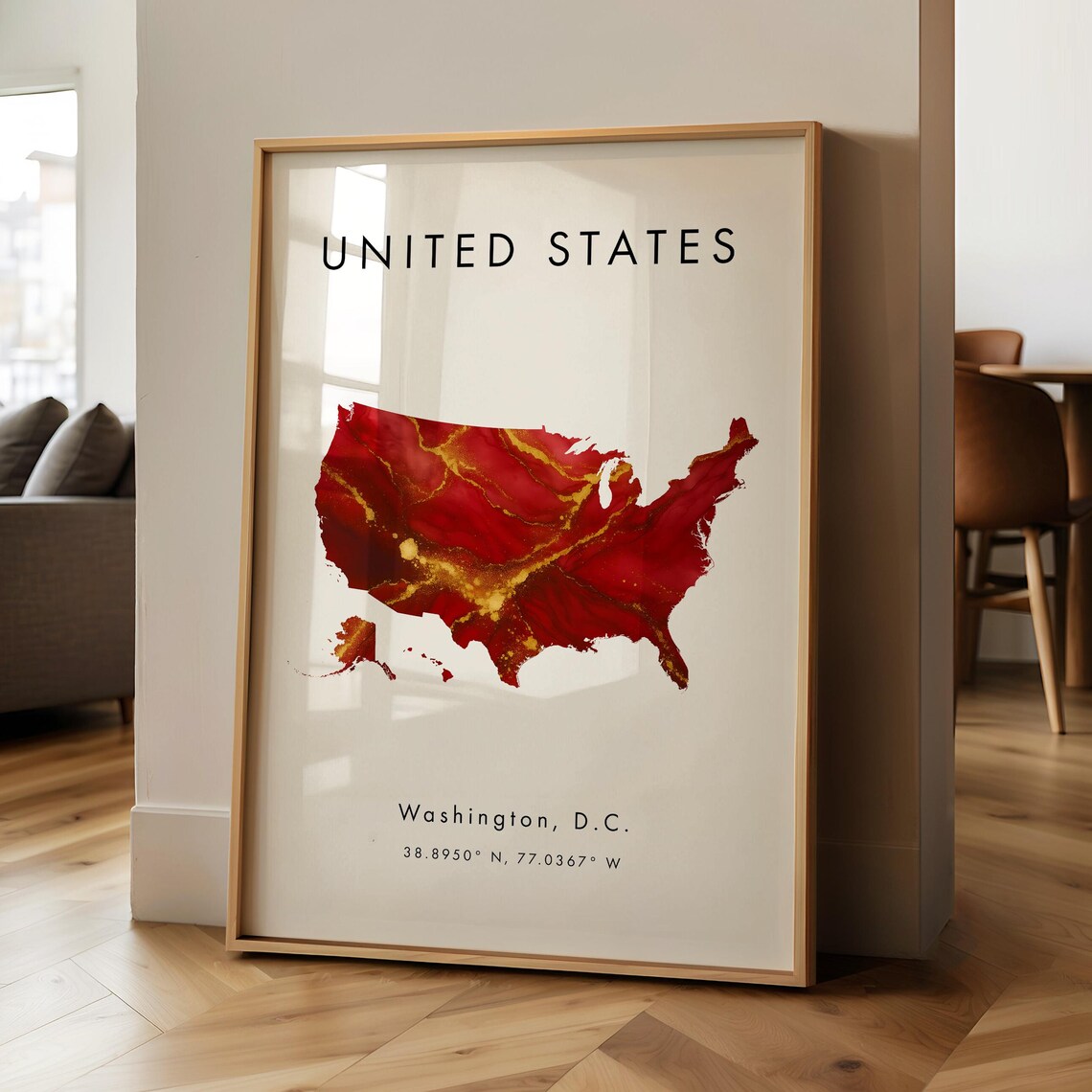 United States Red And Gold Watercolor Map Poster Washington DC Art