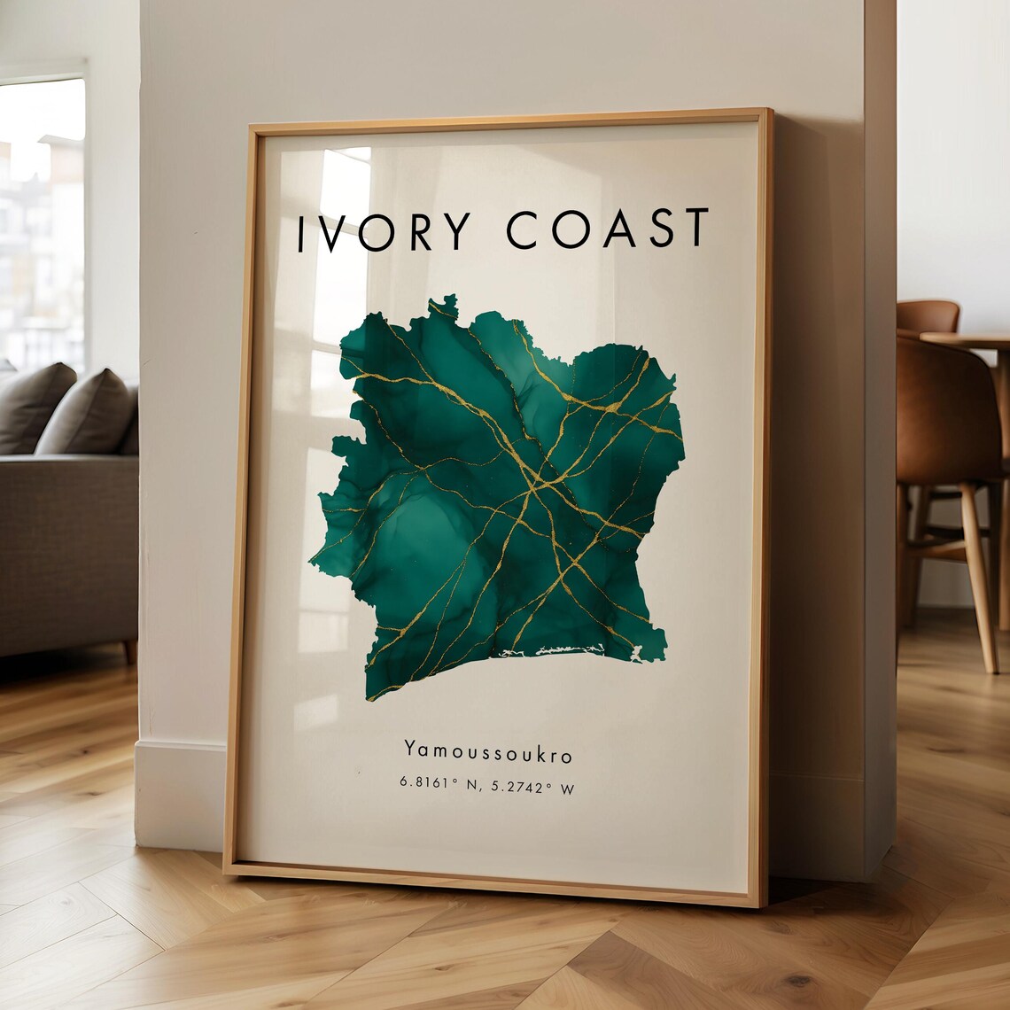Ivory Coast Green Marble Map Poster with Gold Veins and Capital City