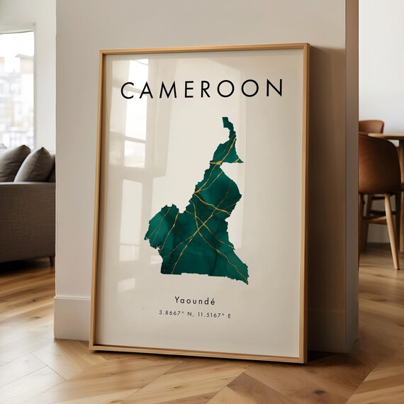 Cameroon Map Printed Poster Green And Gold Africa Wall Art Print Home Decor Geography Gift Wallpaper