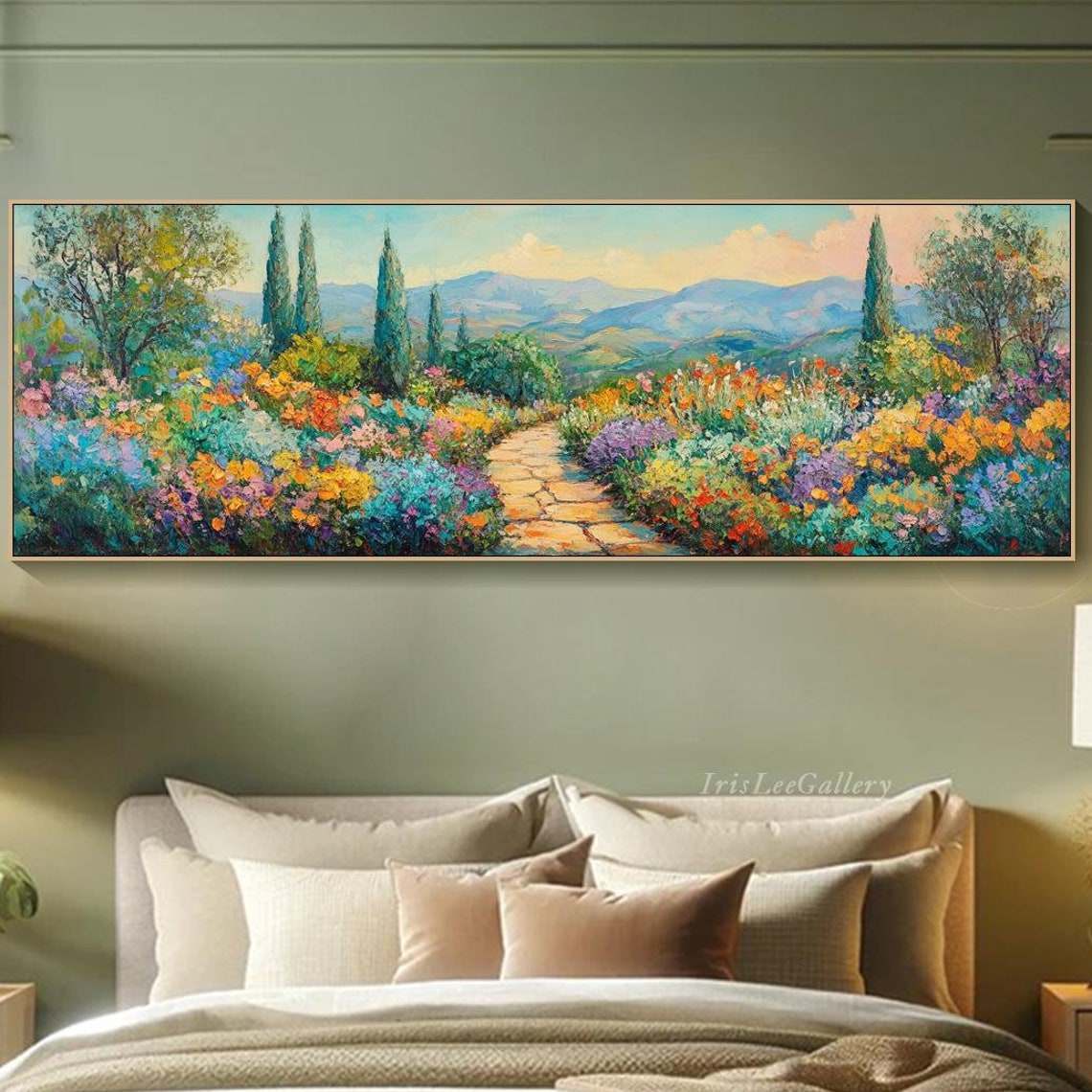 Tuscan Garden Path Cypress Trees Flowers Mountain View Art Poster