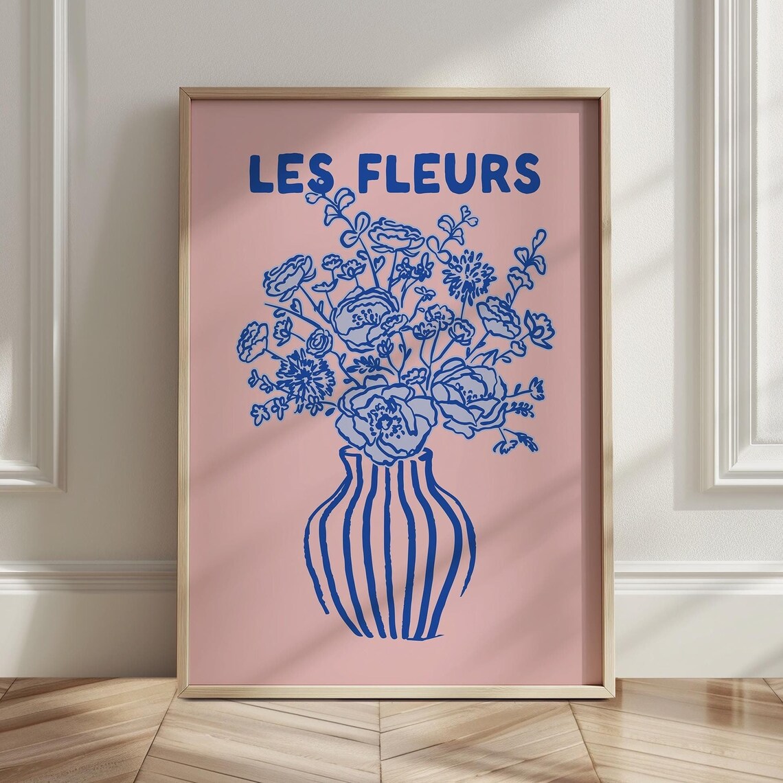 Les Fleurs Blue Floral Bouquet Pink French Botanical Vase Art Poster