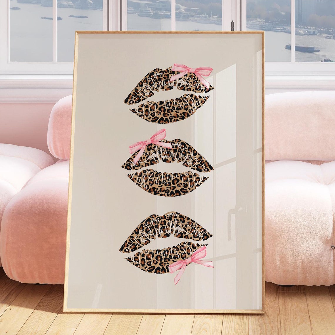 Leopard Kiss Lipstick Marks with Pink Bows Coquette Spots Poster
