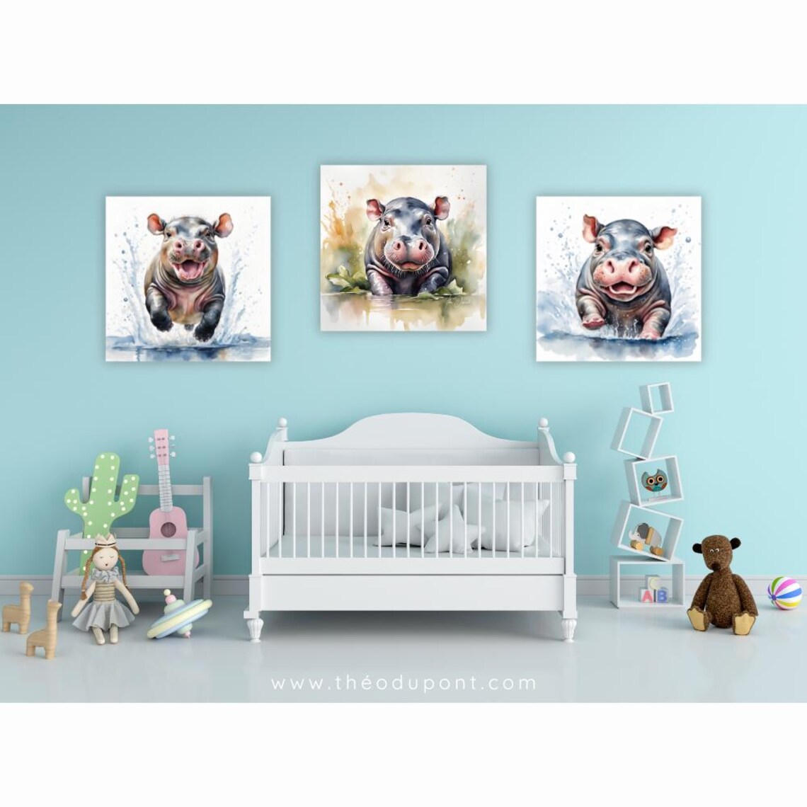 Baby Pygmy Hippo Jumping Out of Water Splash Watercolor Art Poster - Image 2
