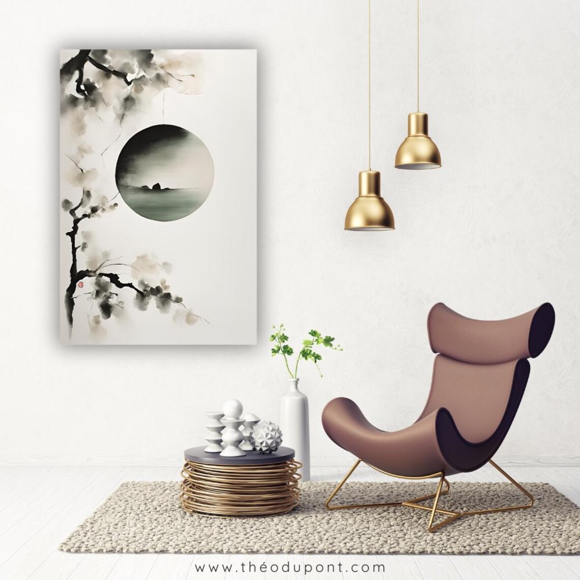 Zen Ink Wash Moon Circle Island Blossom Branches Minimalist Art Poster - Image 2