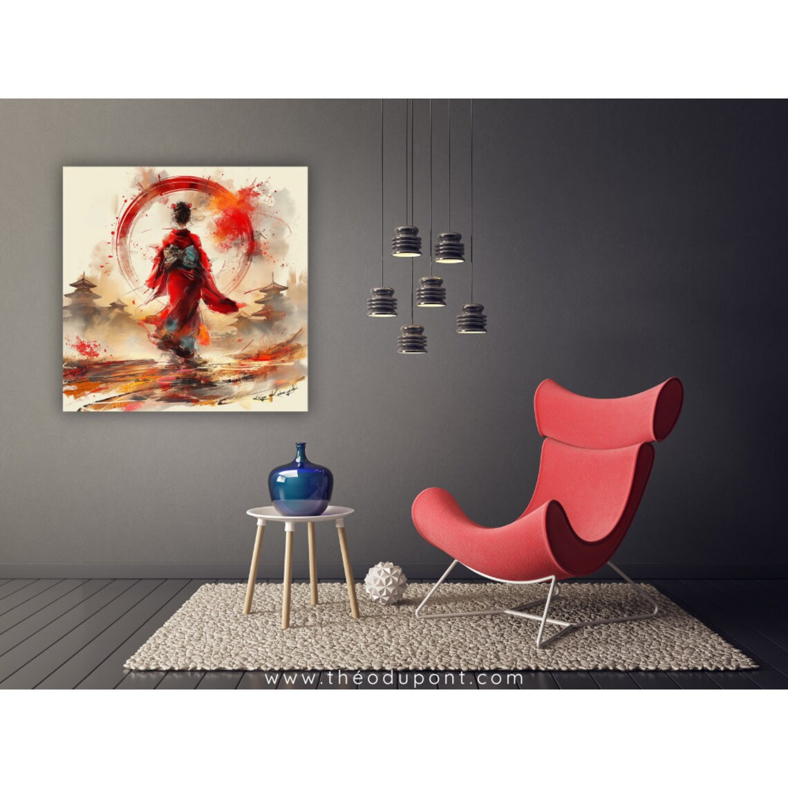 Japanese Geisha Red Kimono Enso Circle Pagoda Sunrise Bold Art Poster - Image 2