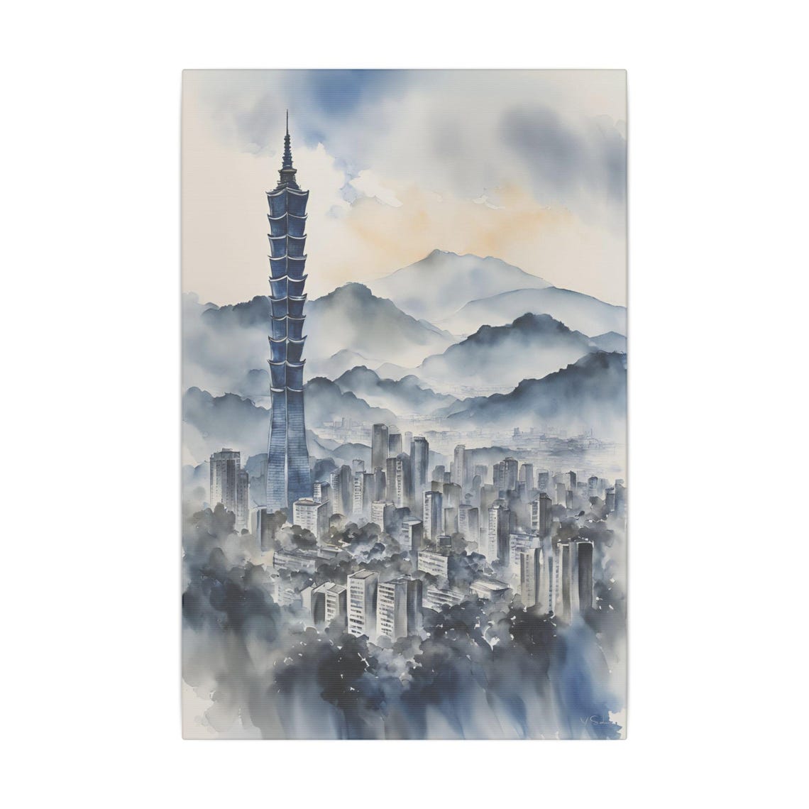 Taipei 101 Taiwan Skyline Misty Mountain City Watercolor Travel Poster