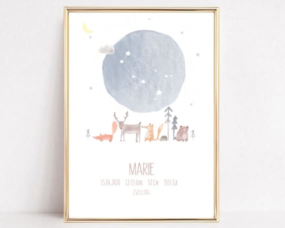 Personalized Gemini Birth Announcement Woodland Animals Moon Poster