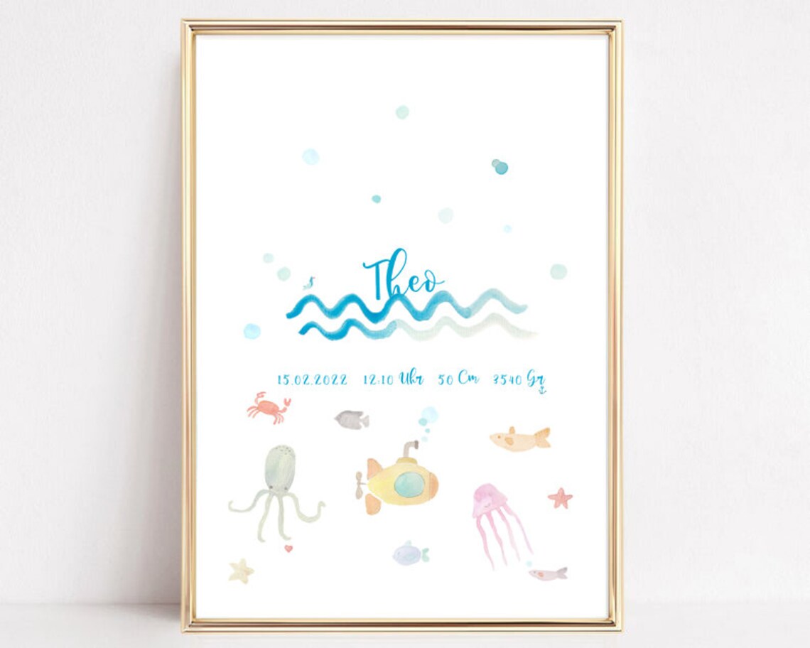 Personalized Ocean Animals Baby Birth Details Nursery Art Poster