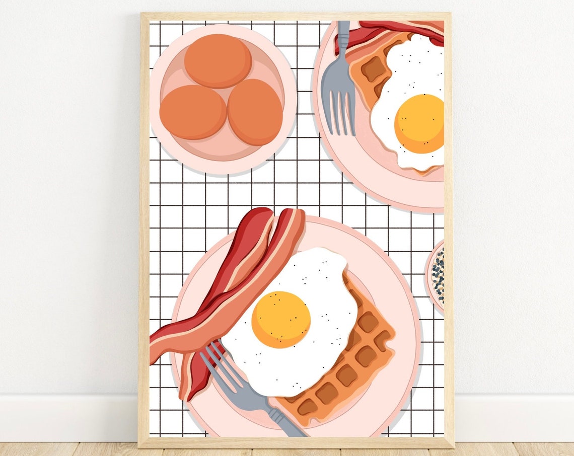 Fried Egg Bacon Waffle Breakfast Art Print on Gingham Background