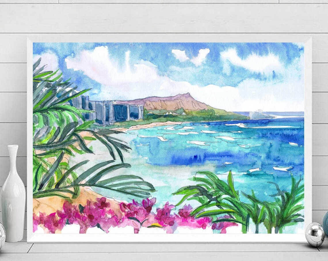 Honolulu Hawaii Coastal Watercolor Travel Poster
