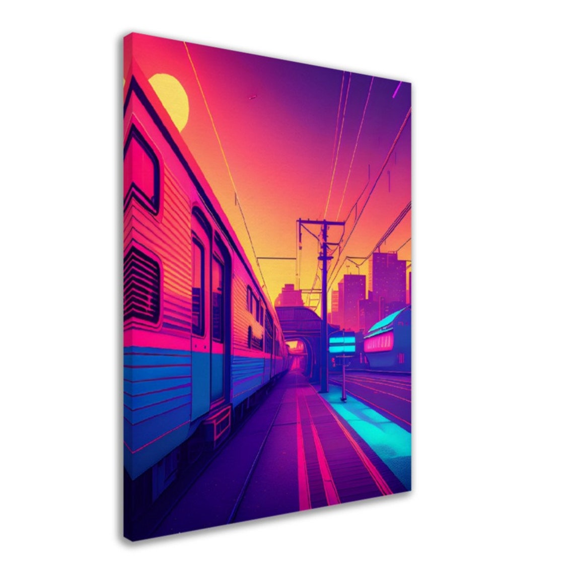 Neon Train Station Sunset Synthwave Retro Travel Scene Art Poster - Image 2