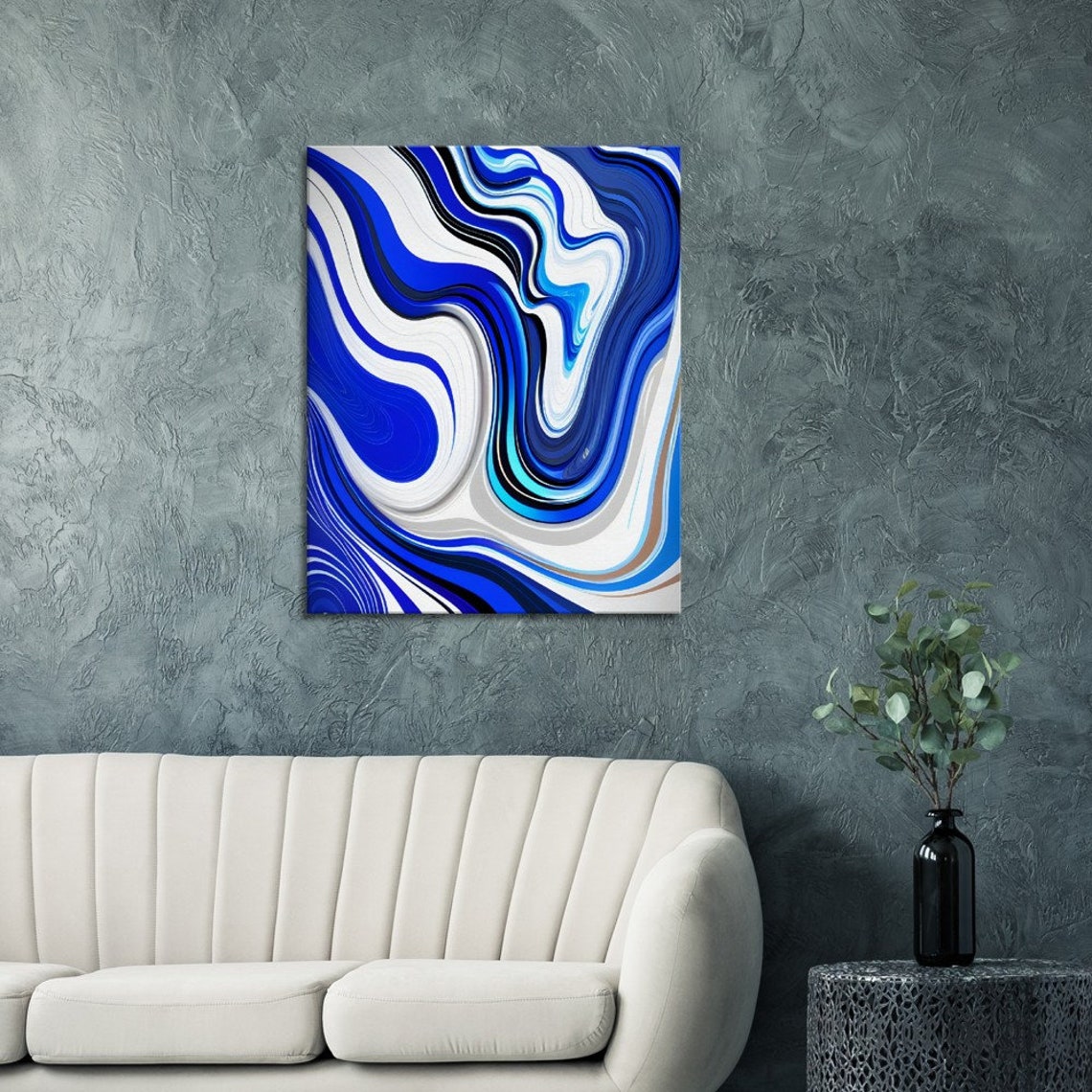 Blue White Marble Swirl Abstract Fluid Acrylic Modern Art Poster - Image 3