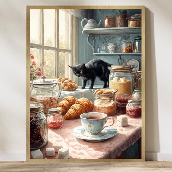 Black Cat Croissant Kitchen Poster Farmhouse Breakfast Still Life Art