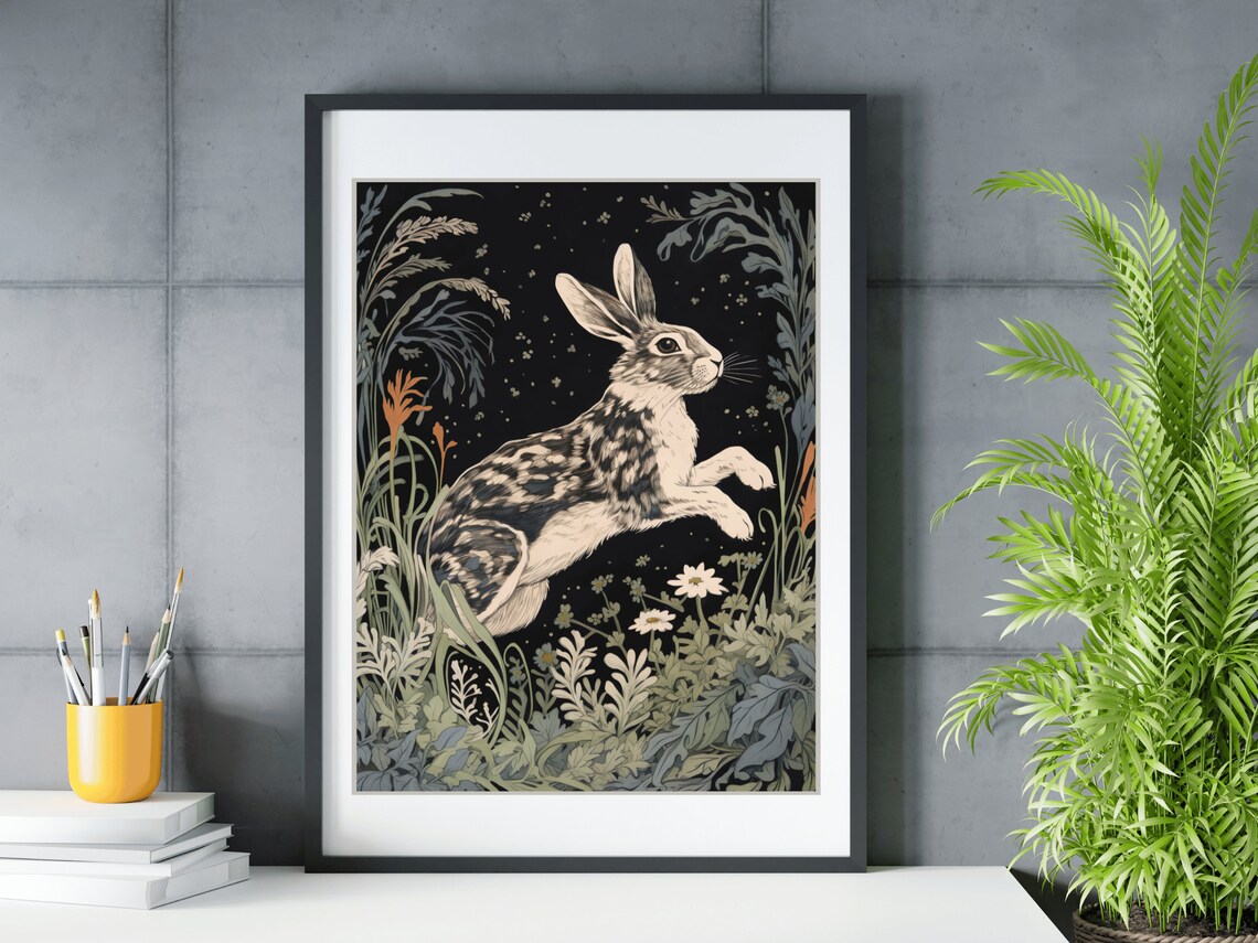 Leaping Hare Dark Forest Night Wildflowers Mystical Animal Painting Poster - Image 2