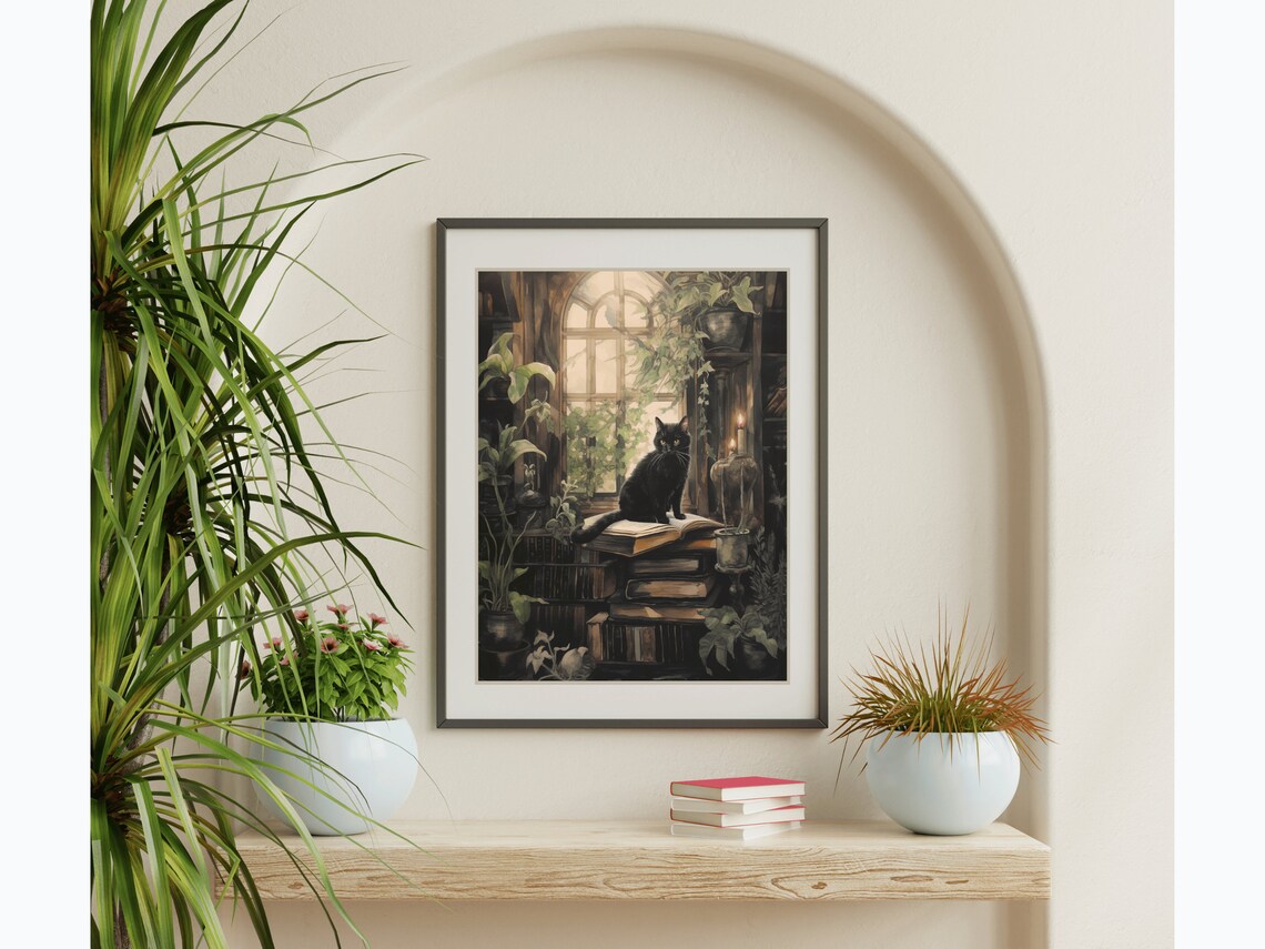 Black Cat Open Book Plant Filled Library Window Candle Cat Painting Poster - Image 5